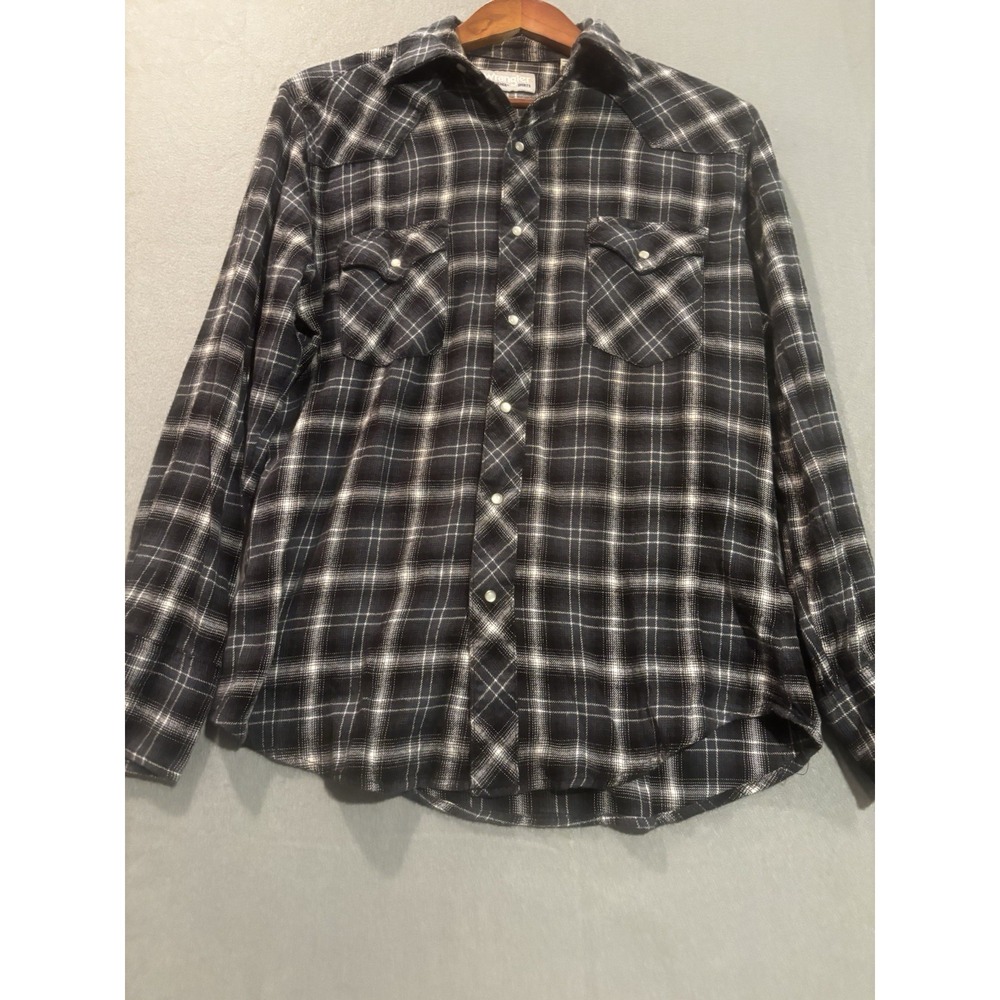 Wrangler Western Wrancher Pearl Snap Shirt Mens Med Plaid long sleeve Black Gray